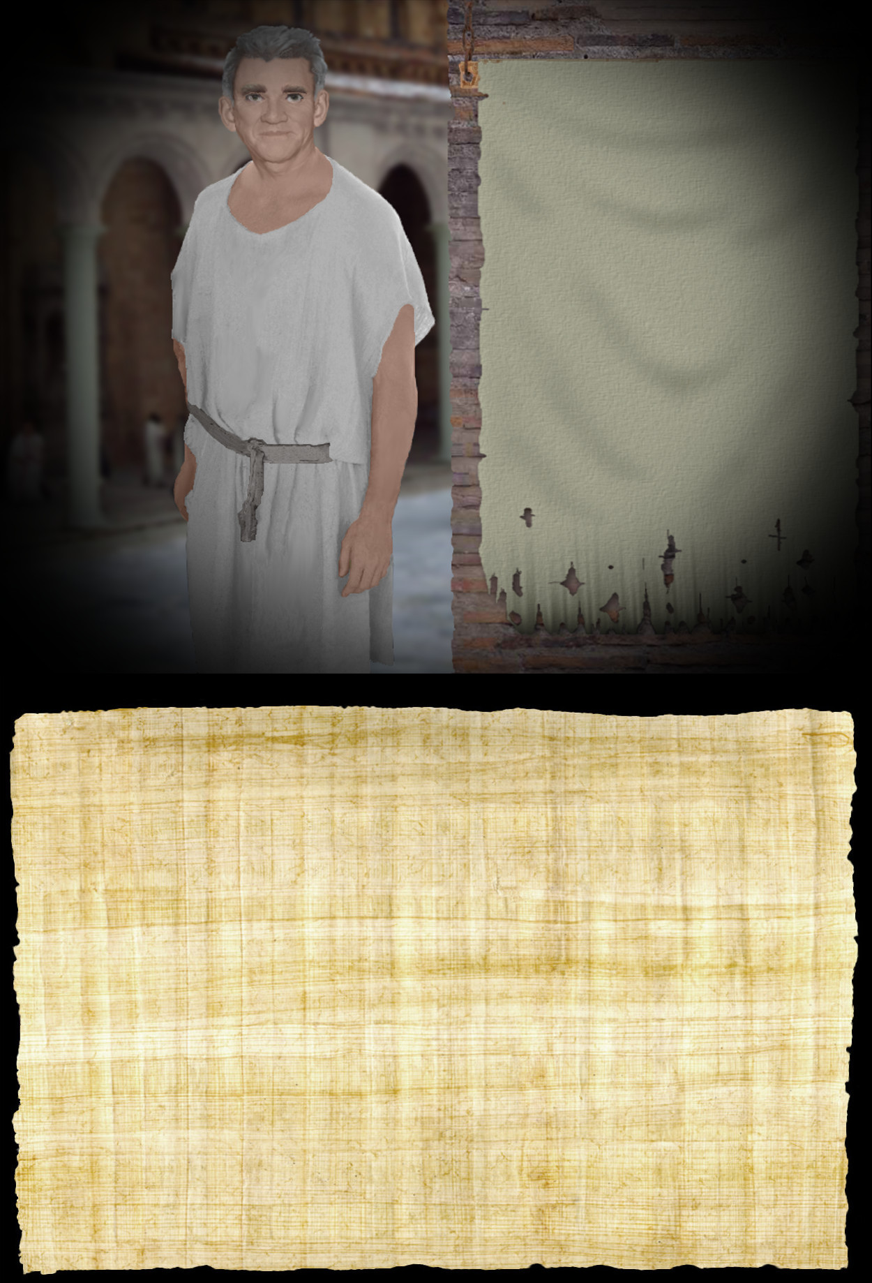 Demetrius beside a brick wall with a tattered cloth hanging on it