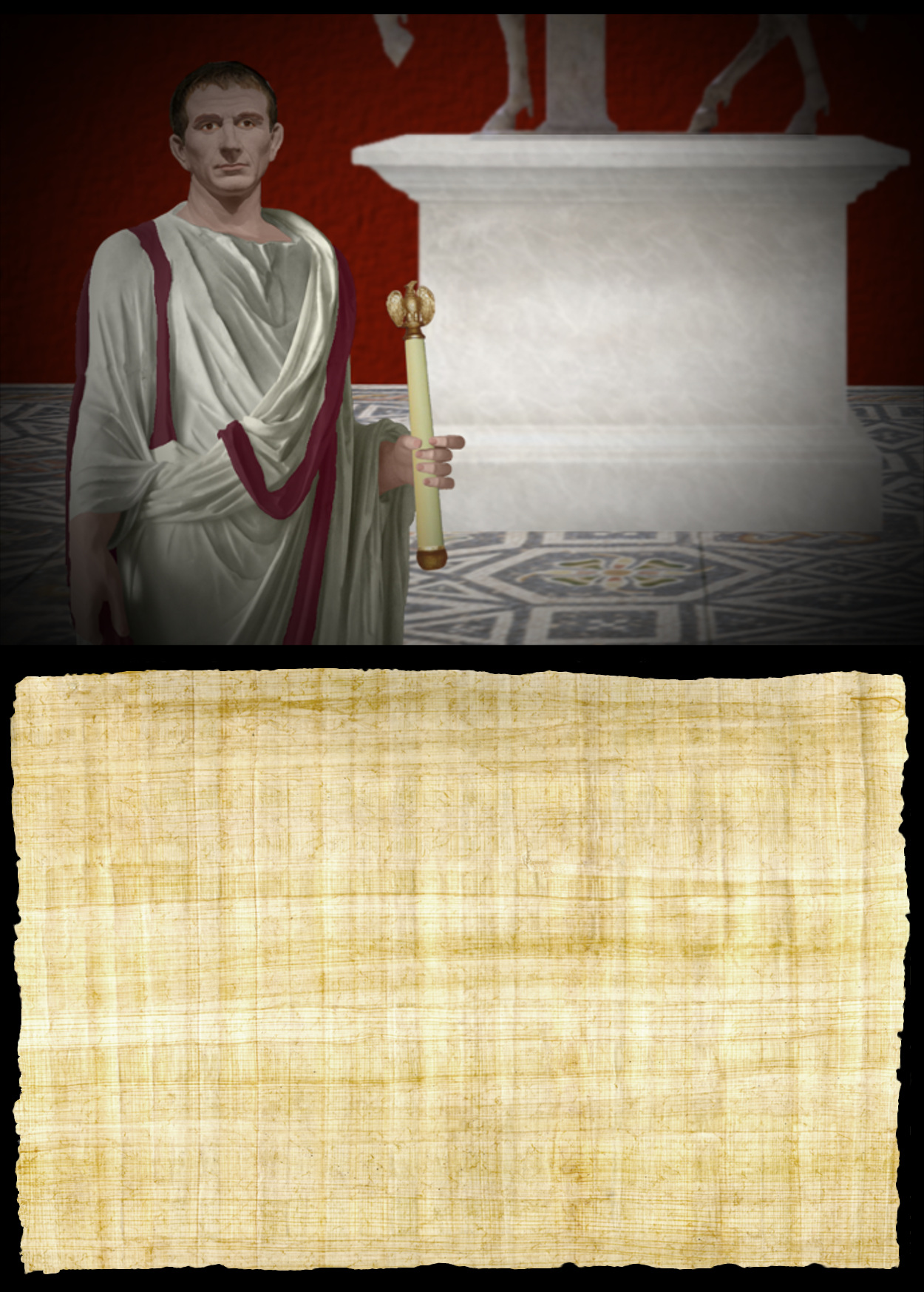 Caesar standing beside a statue base with his name and introduction on it.