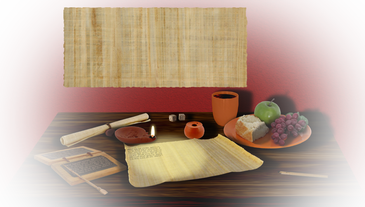work table with writing supplies and food