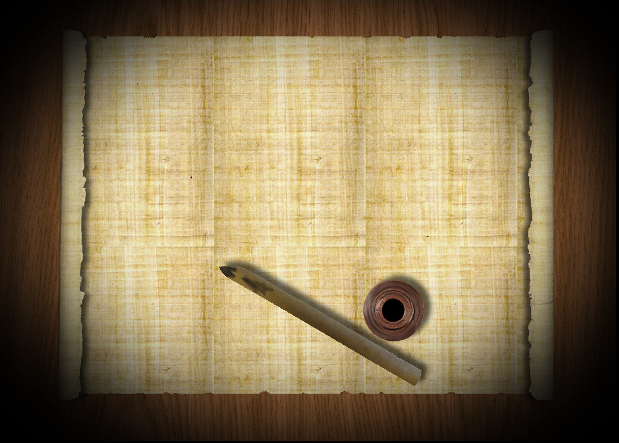 unrolled papyrus on a wooden tabletop